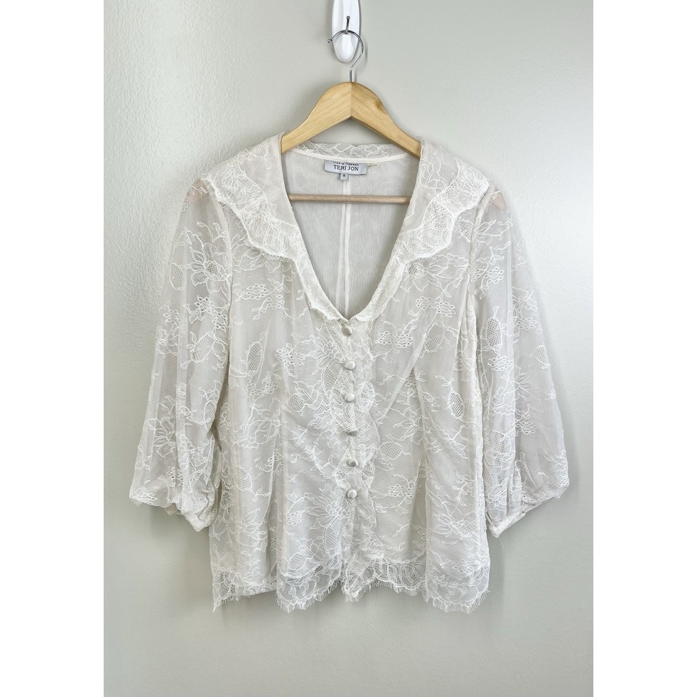 Rickie Freeman For Teri Jon Collared Lace Button Front Blouse Prairie Boho Sz 14